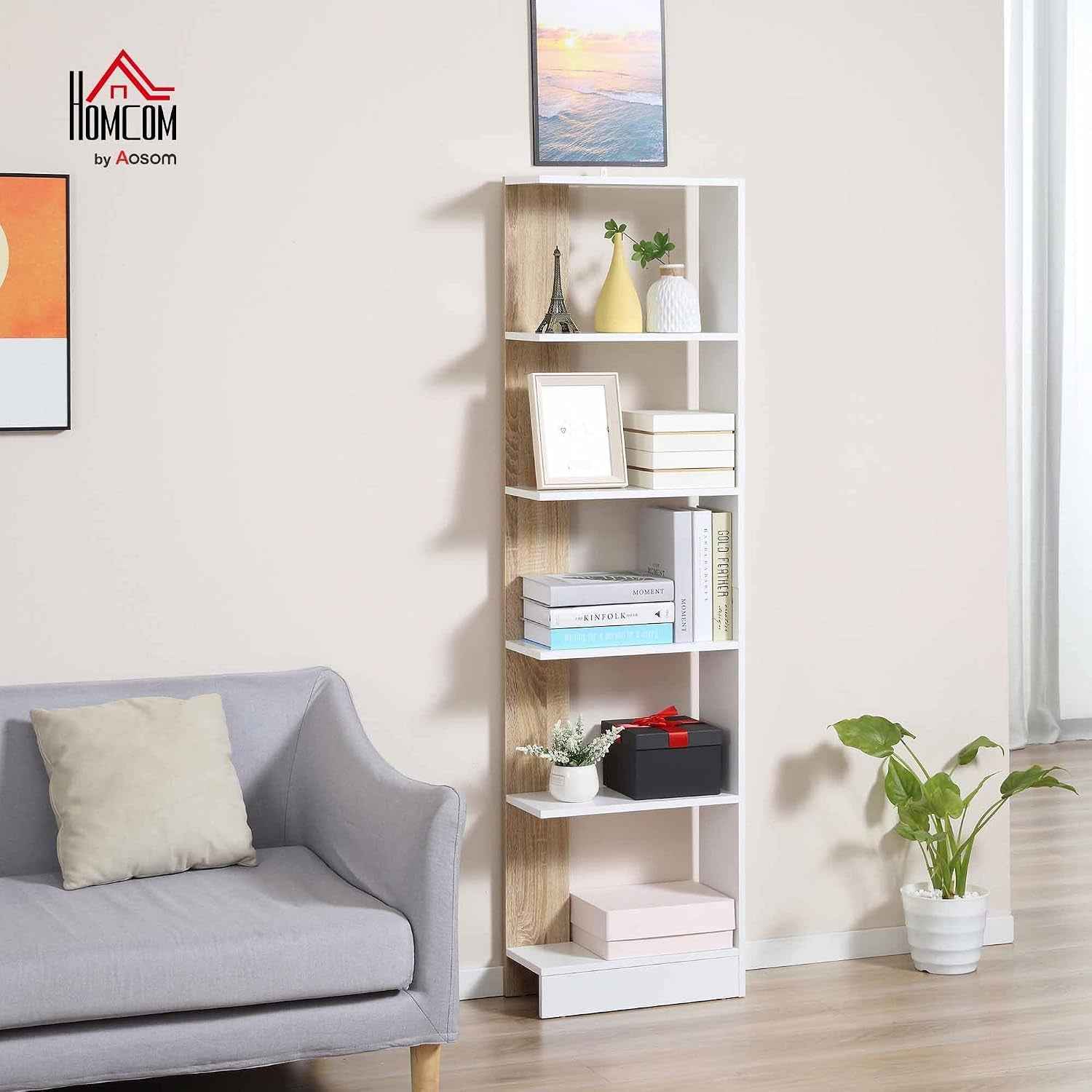 Bibliothèque Étagère De Rangement 45 X 21 X 170 Cm Blanc Et Chêne | 5 Compartiments Ouverts, Design Simple Moderne, Idéale Pour Salon Chambre Bureau