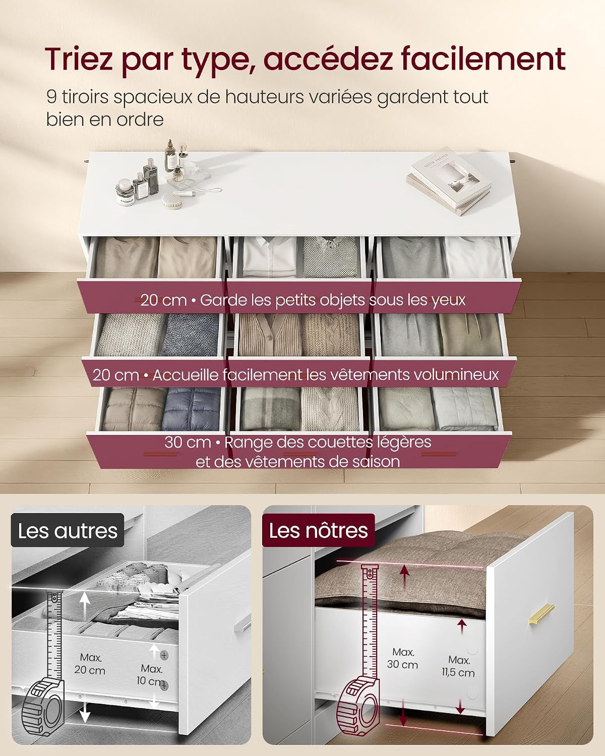 Custos Collection - Commode De Chambre, Armoire À Tiroirs Pour Dressing, Style Moderne, Meuble TV Pour Salon, 9 Tiroirs, 40 X 160,2 X 78 Cm, Blanc Nuage LTS419WB01