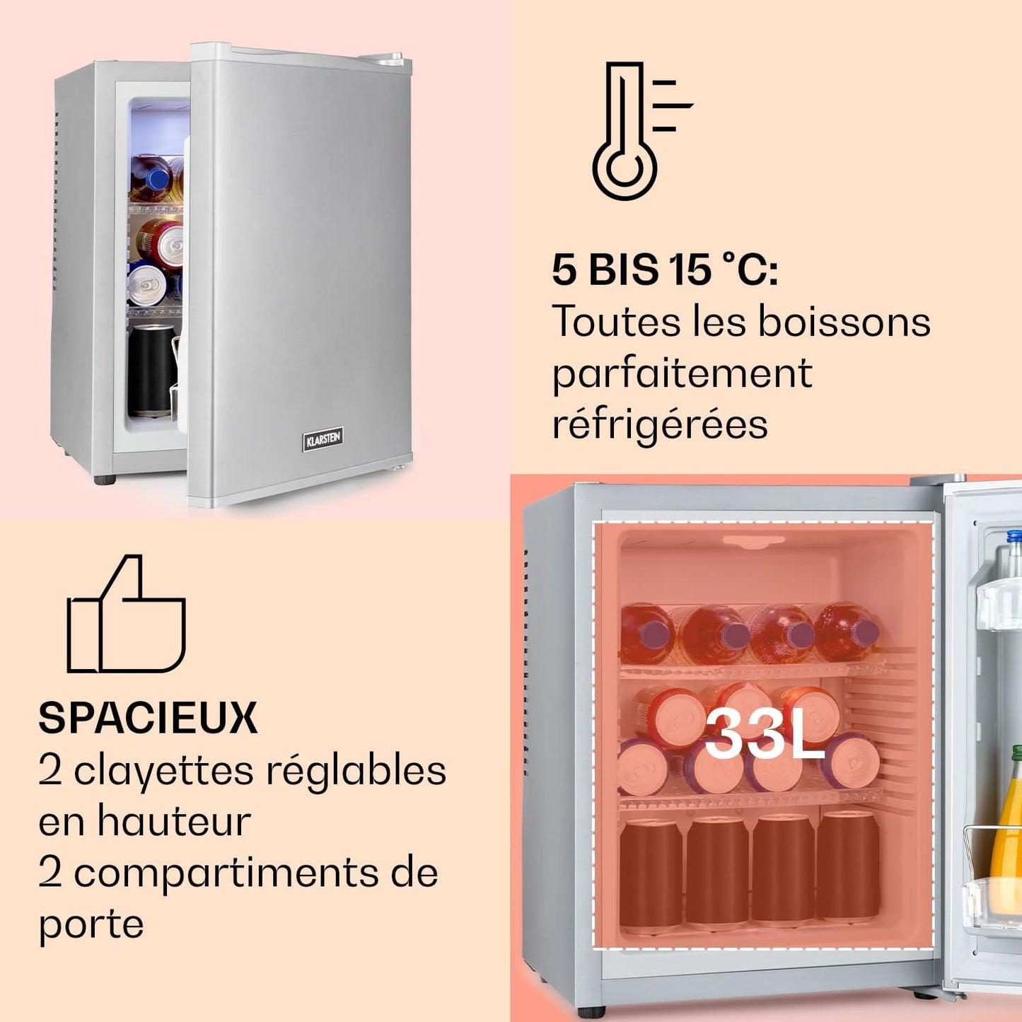 Mini Frigo De Chambre De 33L Pour Snacks Et Boissons, Top Silencieux, Bar, Petit Réfrigérateur Camping, Pour Cosmetique, Refrigerateur Avec Étagères Réglables, 5-15°C