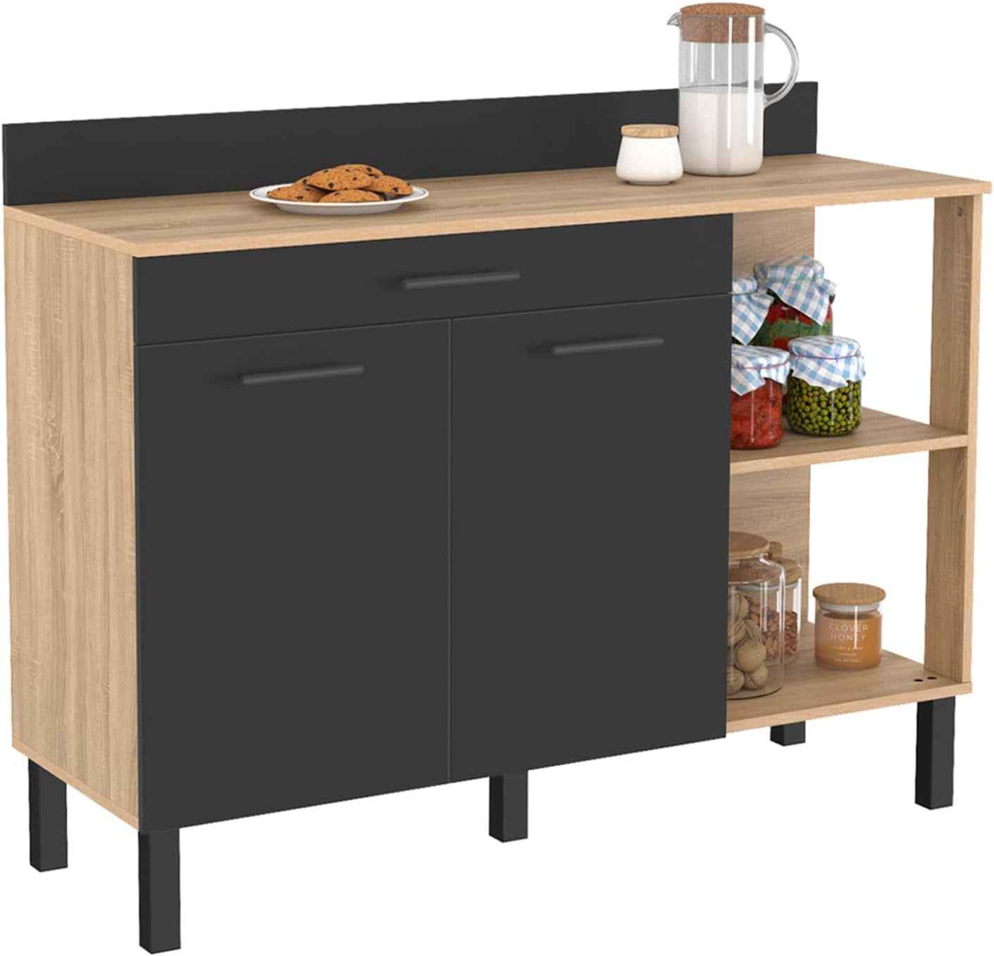- Buffet Bas De Cuisine 120 CM CINA Plan De Travail H.83 Cm 2 Portes + Tiroir Façon Hêtre Et Noir