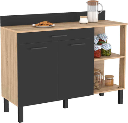 - Buffet Bas De Cuisine 120 CM CINA Plan De Travail H.83 Cm 2 Portes + Tiroir Façon Hêtre Et Noir