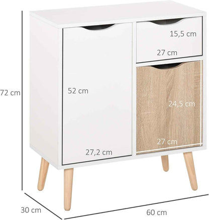 Buffet Meuble De Rangement Design Scandinave Blanc Chêne Clair | 2 Placards, Tiroir Coulissant, Bois