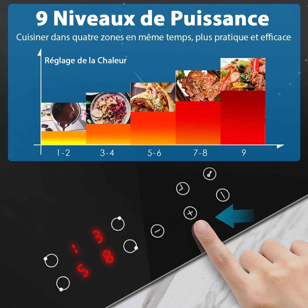 60 Cm Plaque De Cuisson Vitrocéramique 4 Feux, 6000 Watts | Minuterie De 99 Minutes, Verrouillage De Sécurité Pour Enfants, 9 Niveaux De Puissance, 220-240 V