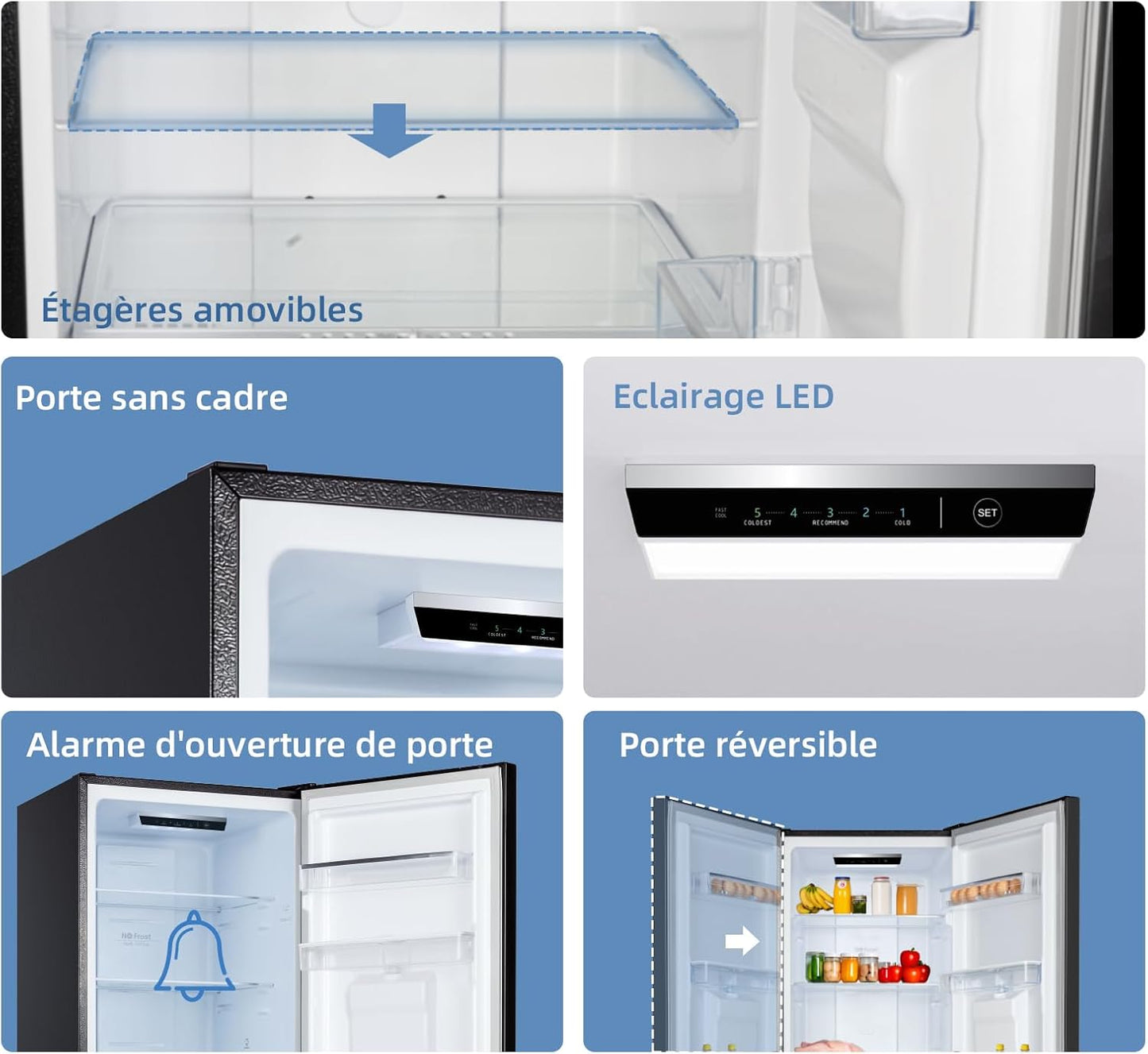 250L Réfrigérateur Autoportant Sans Givre,250L,Congélation À -24℃, Électronique Tactile, Compresseur Avec Garantie De 12 Ans, Distributeur D'Eau, Faible Niveau Sonore De 39 Db, Noir