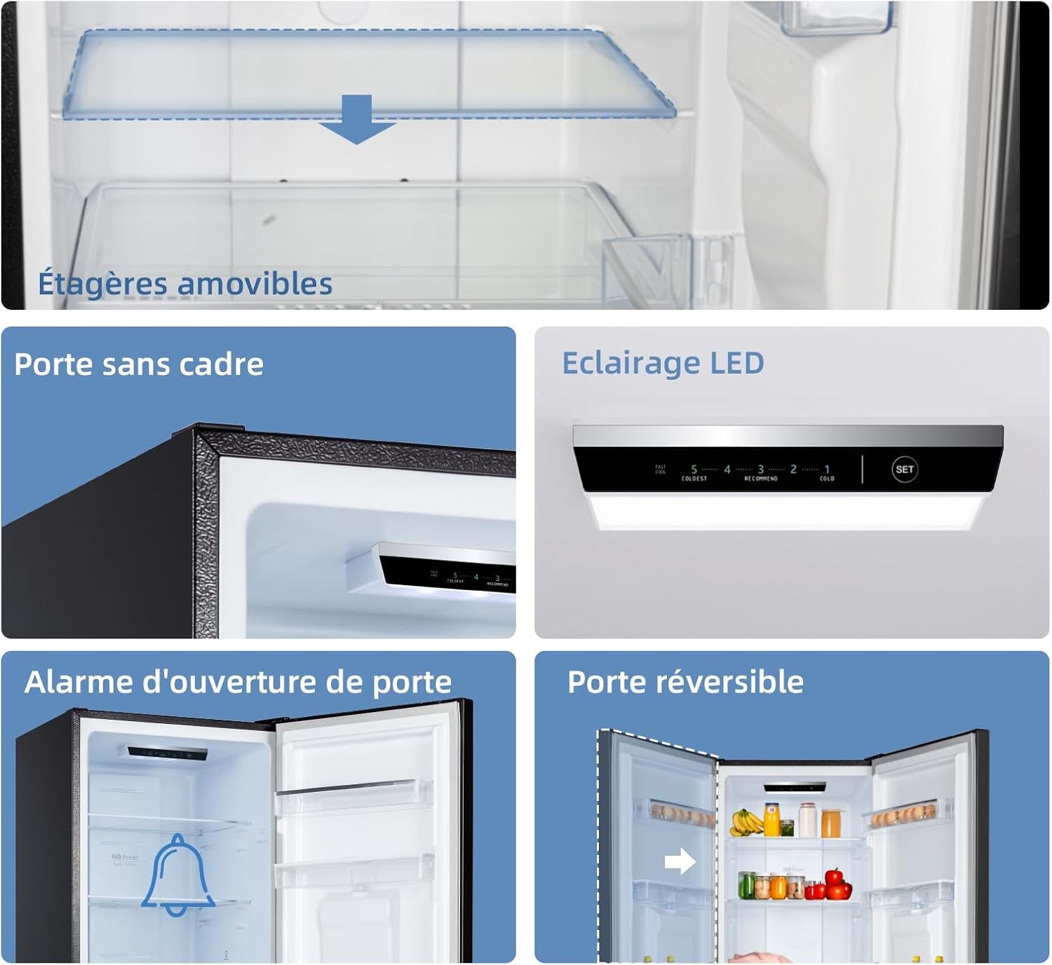 250L Réfrigérateur Autoportant Sans Givre,250L,Congélation À -24℃, Électronique Tactile, Compresseur Avec Garantie De 12 Ans, Distributeur D'Eau, Faible Niveau Sonore De 39 Db, Noir