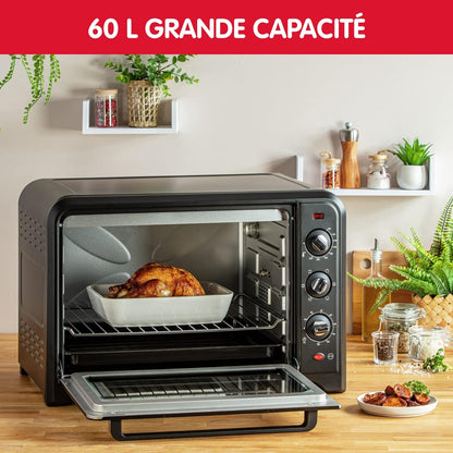 Four Électrique À Chaleur Tournante 60 L, 7 Modes De Cuisson, Tournebroche, Thermostat Réglable Jusqu’À 240 °C, Timer 120 Minutes, 2 Grilles Réversibles, Optimo, Noir OX495810