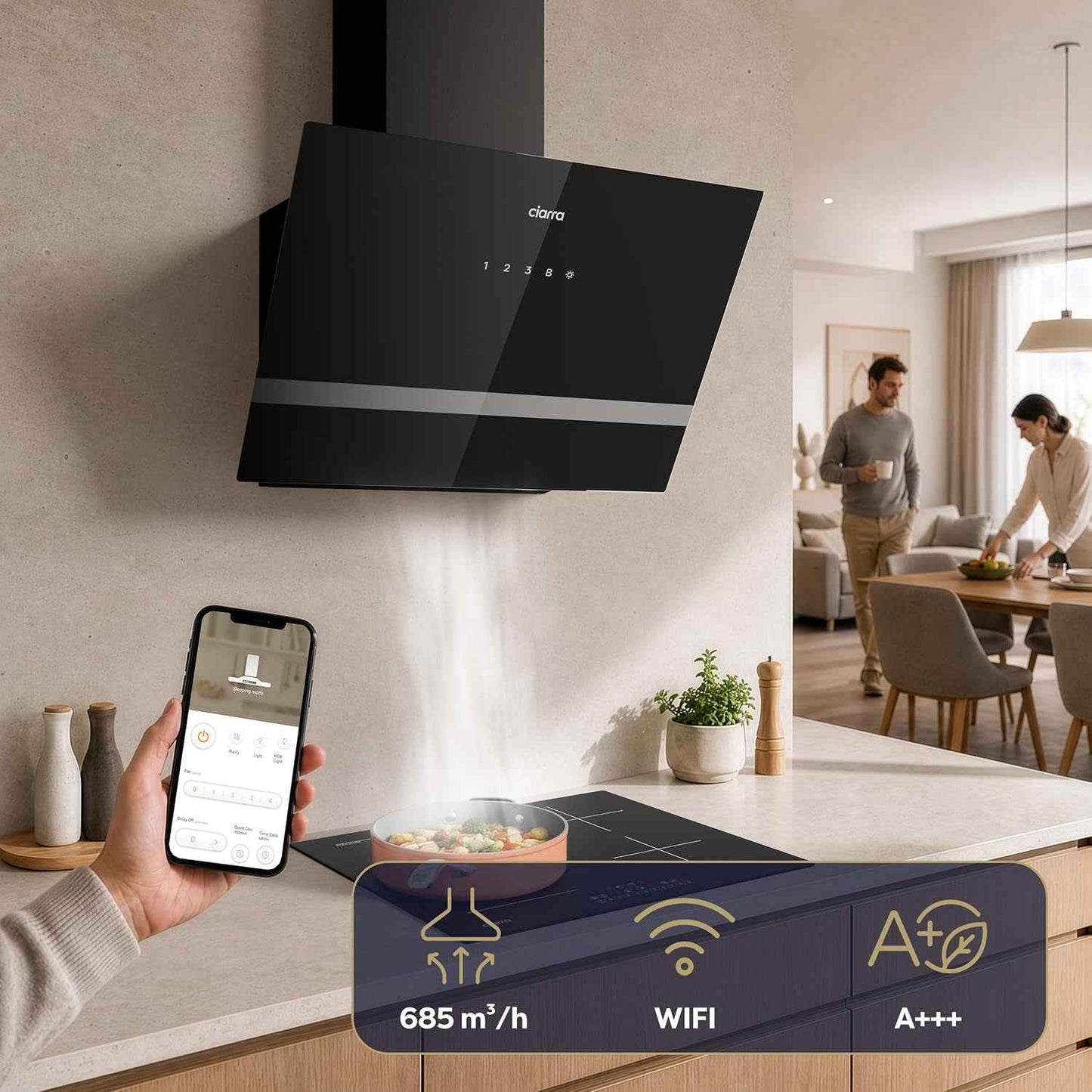 CBCB6736H Hotte Aspirante 60 Cm Classe A+++ - Hotte Inclinée 685M³/H | Filtre À Charbon CBCF003 Inclus - Recyclage & Évacuation - Wifi &Commande Tactile- 4 Vitesses Avec Boost - LED Dimmable -Noir