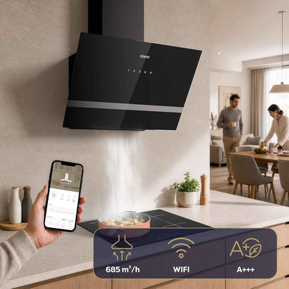 CBCB6736H Hotte Aspirante 60 Cm Classe A+++ - Hotte Inclinée 685M³/H | Filtre À Charbon CBCF003 Inclus - Recyclage & Évacuation - Wifi &Commande Tactile- 4 Vitesses Avec Boost - LED Dimmable -Noir