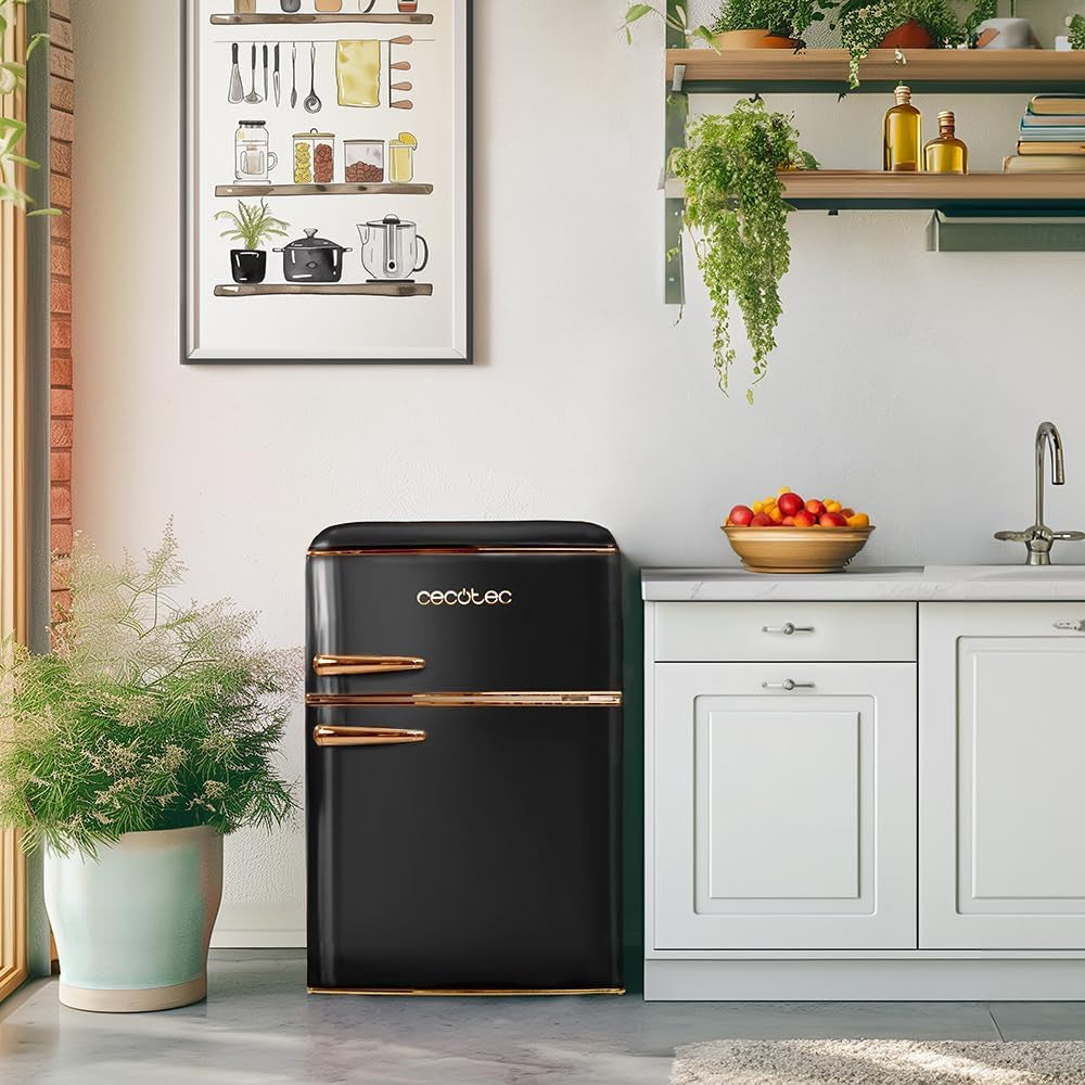 Mini Frigo Réfrigérateur Rétro Bolero Coolmarket 2D Origin 85 Noir. Capacité De 85L, LED Intérieur, Poignée Chromée, Plateaux En Verre, Contrôle De Température Et Tiroir À Légumes