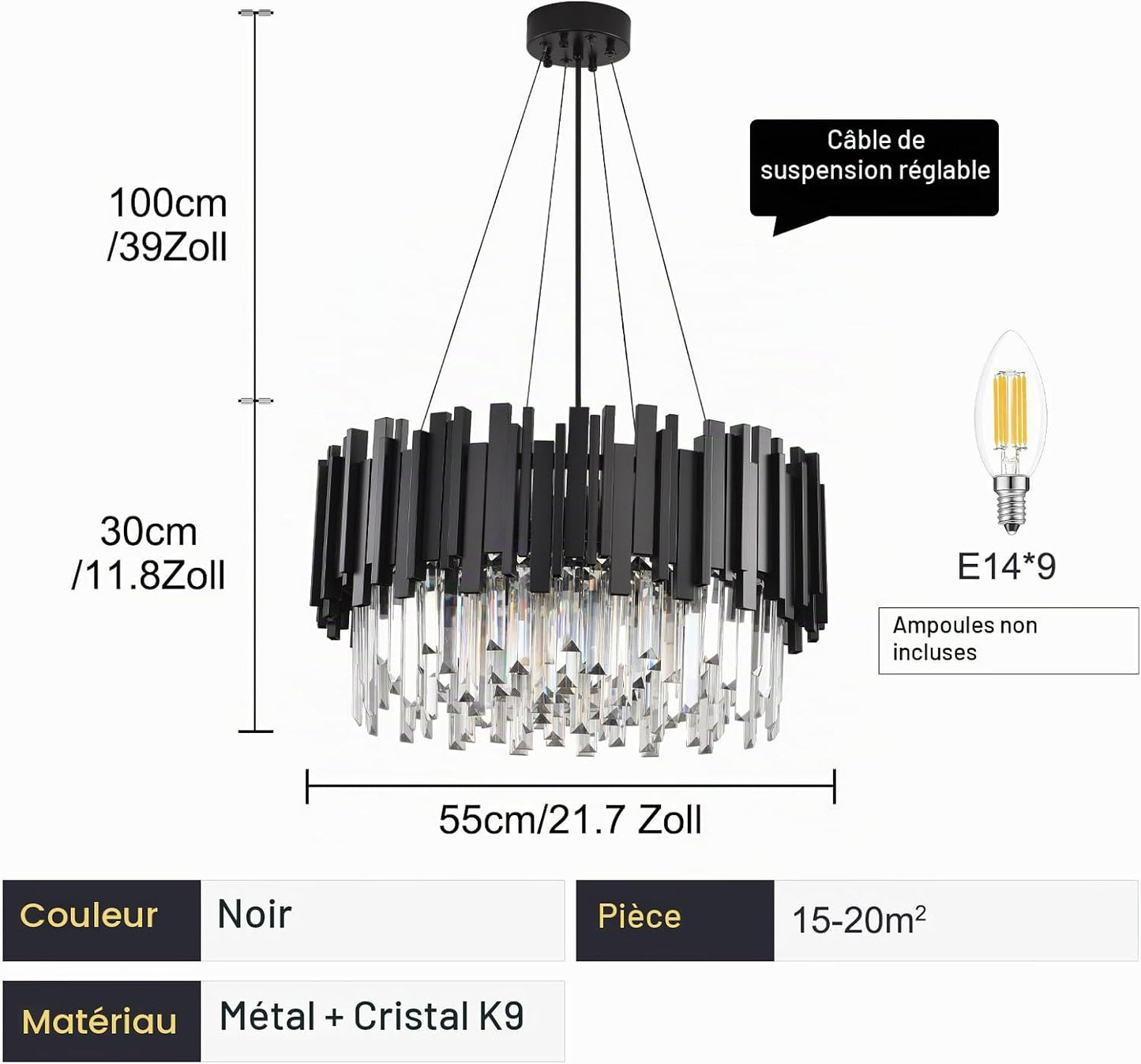 Lustre En Cristal Moderne,2 En 1 Chandelier En Cristal Moderne Pendentif En Or,9Xe14 Lampe À Pendentif En Cristal Rond Pour Salle À Manger, Cuisine, Salon, Chambre, Couloir(55 * 55 Cm,Noir)