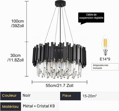 Lustre En Cristal Moderne,2 En 1 Chandelier En Cristal Moderne Pendentif En Or,9Xe14 Lampe À Pendentif En Cristal Rond Pour Salle À Manger, Cuisine, Salon, Chambre, Couloir(55 * 55 Cm,Noir)