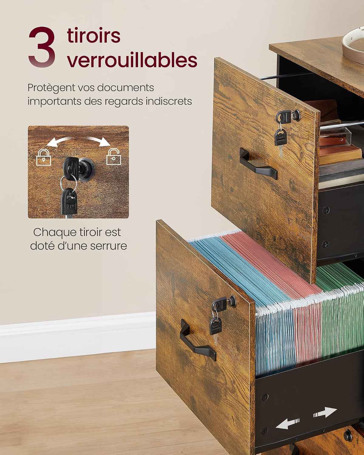 Custos Collection - Meuble De Bureau, Meuble De Rangement, Support Pour Imprimante, Avec 3 Tiroirs Verrouillables, Tringles Réglables, Compatible Avec Formats A4, Marron Rustique OFC055KD01