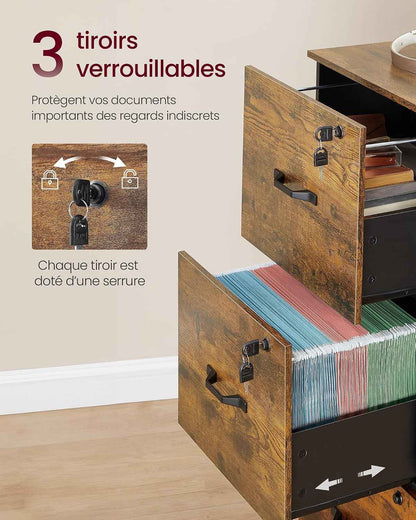 Custos Collection - Meuble De Bureau, Meuble De Rangement, Support Pour Imprimante, Avec 3 Tiroirs Verrouillables, Tringles Réglables, Compatible Avec Formats A4, Marron Rustique OFC055KD01