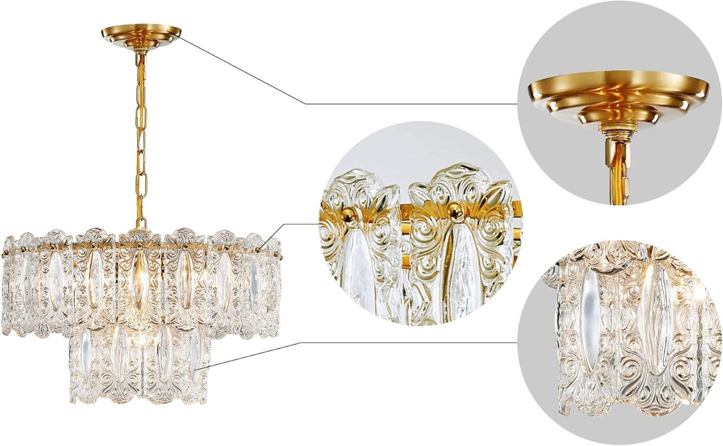 Saint Mossi Lustre En Cristal, Lustre Pendentif Vintage Avec 4 Ampoules, D46Cm X H25Cm, Abat-Jour En Verre À 2 Niveaux Et Finition Laiton