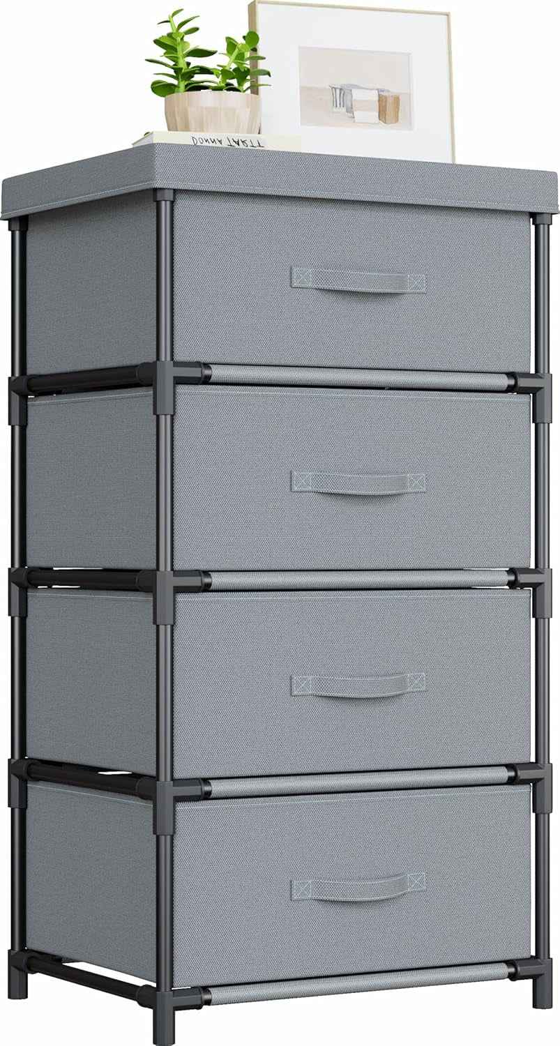 Commode Chambre En Tissu, Cadre En Métal, Meuble 4 Tiroirs Rangement Pour Chambre À Coucher, Salon, Couloir Et Entree - Gris