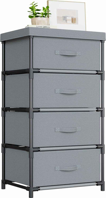 Commode Chambre En Tissu, Cadre En Métal, Meuble 4 Tiroirs Rangement Pour Chambre À Coucher, Salon, Couloir Et Entree - Gris