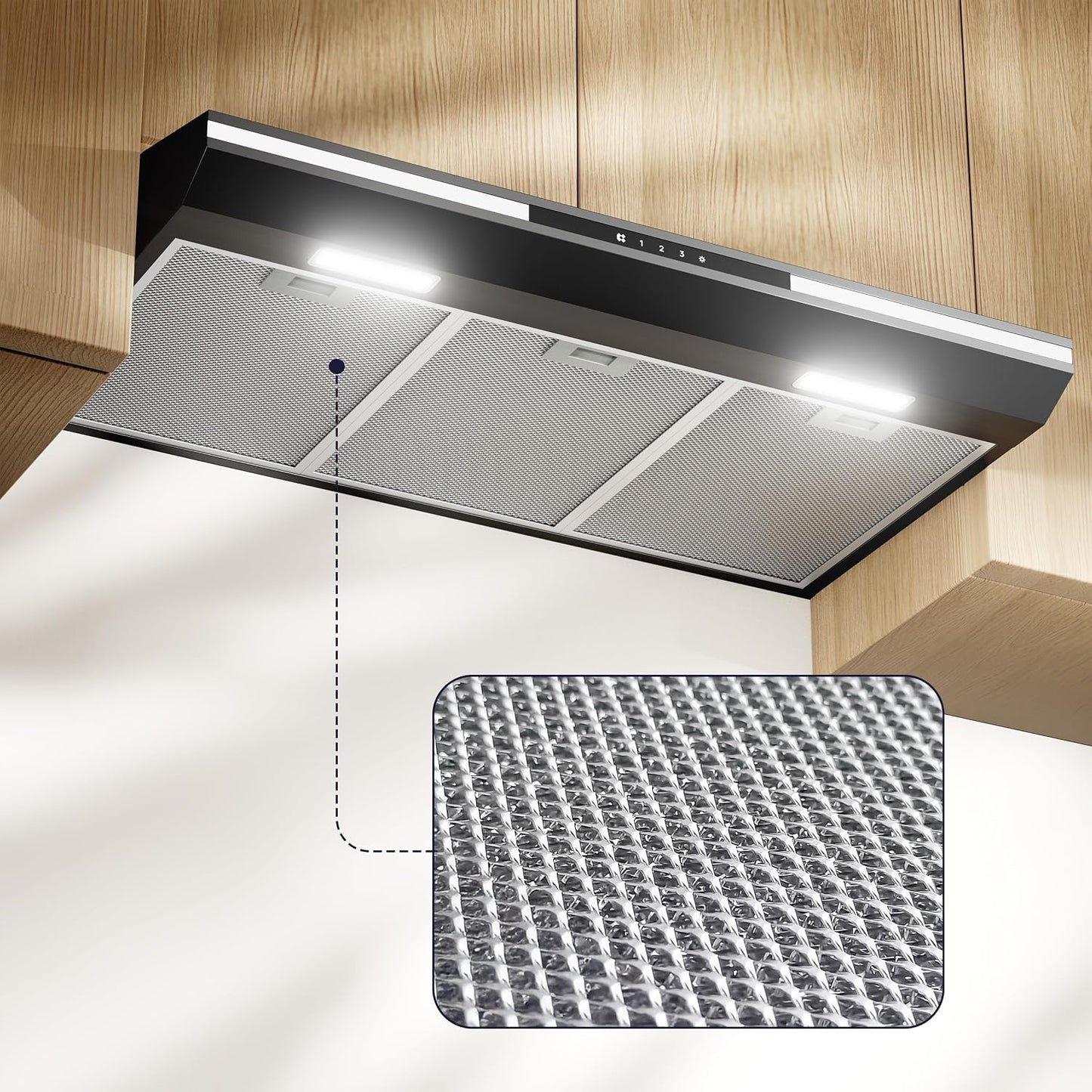 CBCB90921 Classe A+ Hotte Aspirante 90 Cm Sous Meuble - Noire | 320 M³/H -3 Vitesses,Commande Tactile, Évacuation&Recyclage, Filtre À Charbon CBCF011 Inclus, Lumière D’Ambiance Chaleureuse