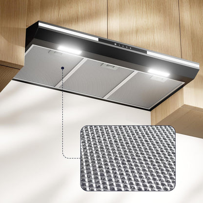 CBCB90921 Classe A+ Hotte Aspirante 90 Cm Sous Meuble - Noire | 320 M³/H -3 Vitesses,Commande Tactile, Évacuation&Recyclage, Filtre À Charbon CBCF011 Inclus, Lumière D’Ambiance Chaleureuse