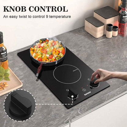 Plaque Induction 2 Feux Avec Bouton | Table De Cuisson Induction 30CM Avec Prise, Commande Par Bouton Rotatif, 9 Niveaux, Arrêt Automatique, 3500W, 220V