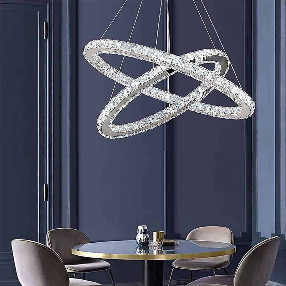 Lustre Moderne En Cristal, Lustre LED Avec Télécommande, Plafonnier Ovale, 2 Anneaux, 56CM 32CM, Suspension Pour Salon, Salle À Manger (Lumière Blanche 6500K)