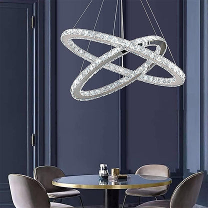 Lustre Moderne En Cristal, Lustre LED Avec Télécommande, Plafonnier Ovale, 2 Anneaux, 56CM 32CM, Suspension Pour Salon, Salle À Manger (Lumière Blanche 6500K)