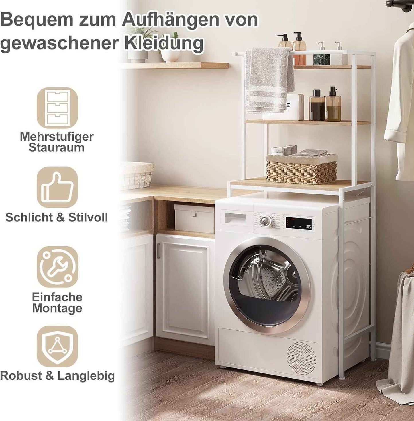 Meuble Machine À Laver, Meuble Dessus WC, À 3 Niveaux, Avec Barre De Suspension, Chêne Clair + Blanc, 67X40X162Cm | 3 Niveaux ; Barre De Suspension ; Autoportante ; Salle De Bain Ou Buanderie