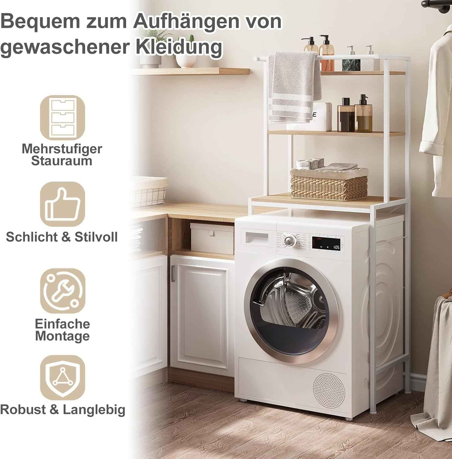 Meuble Machine À Laver, Meuble Dessus WC, À 3 Niveaux, Avec Barre De Suspension, Chêne Clair + Blanc, 67X40X162Cm | 3 Niveaux ; Barre De Suspension ; Autoportante ; Salle De Bain Ou Buanderie