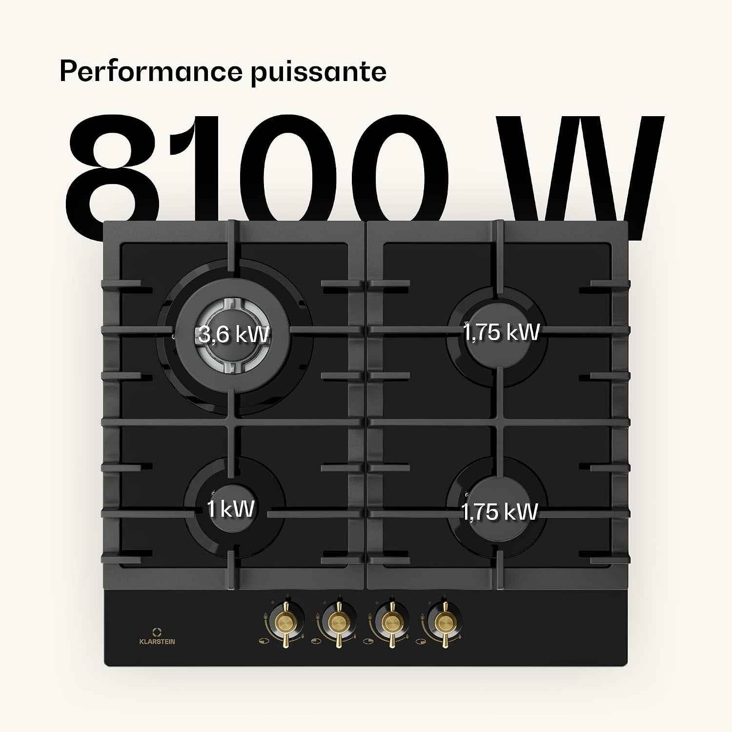 Klarstein Victoria - Table De Cuisson Gaz, Encastrable, Brûleur Sabaf, Gaz Naturel/Propane, Soupapes De Sécurité, Arrêt Automatique, Supports En Fonte, Verre Céramique Look Rétro, 4 Brûleurs, Noir