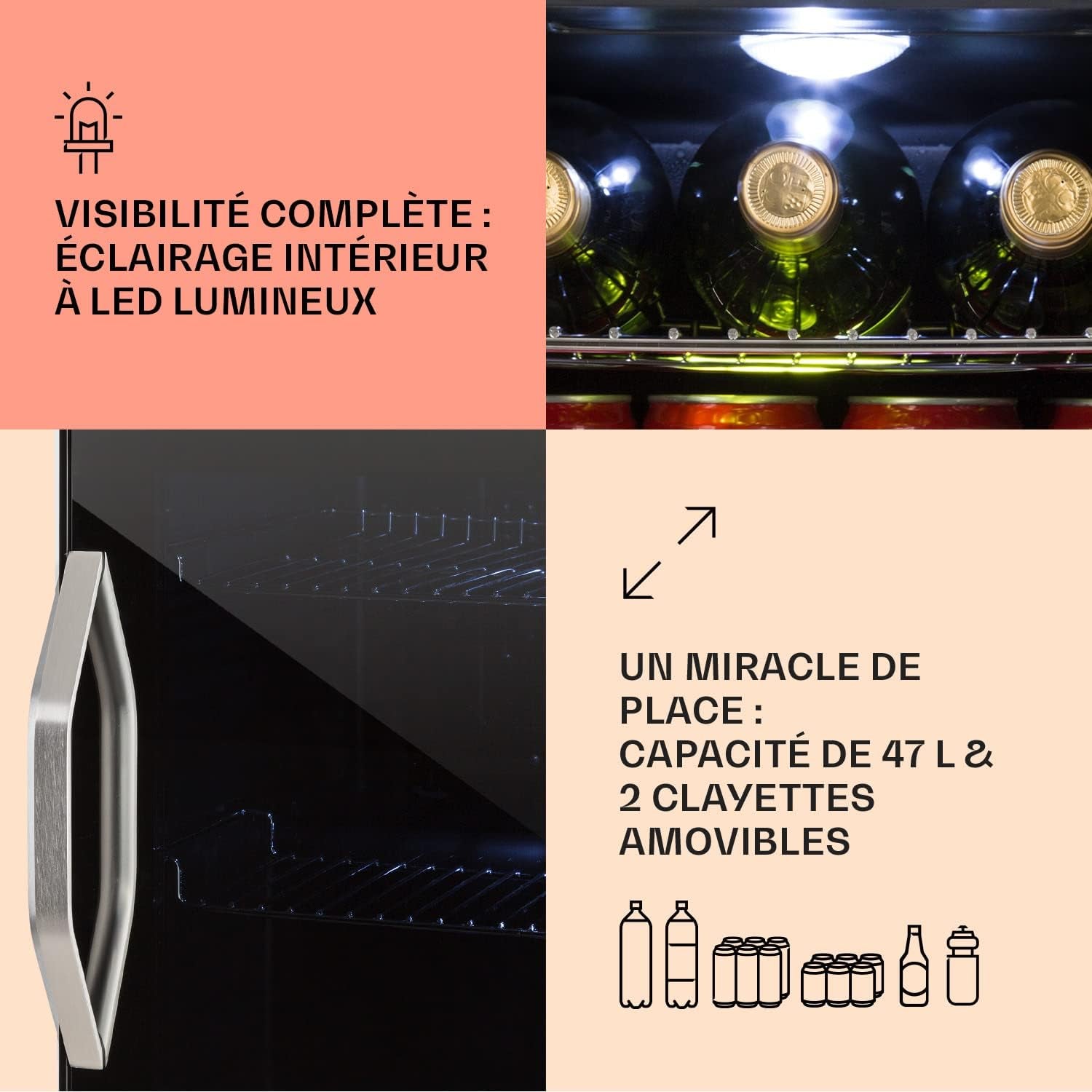 Mini Frigo De Chambre Et Bureau Pour Boisson, Petit Frigo Silencieux, Refrigerateur Mini Bar 47L, Petit Réfrigérateur Camping, Étagères Réglables Pour Le Vin, Cannette, Beer Fridge