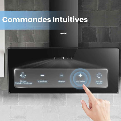 ' CH90J64ET4A2B2-EU Hotte Aspirante Inclinée, 620M³/H, 90Cm, A++ | 59 Db, Commande Tactile, 4 Vitesses, Recirculation Et Évacuation, Filtre Aluminium 5 Couches, LED, Noir, Verre Trempé