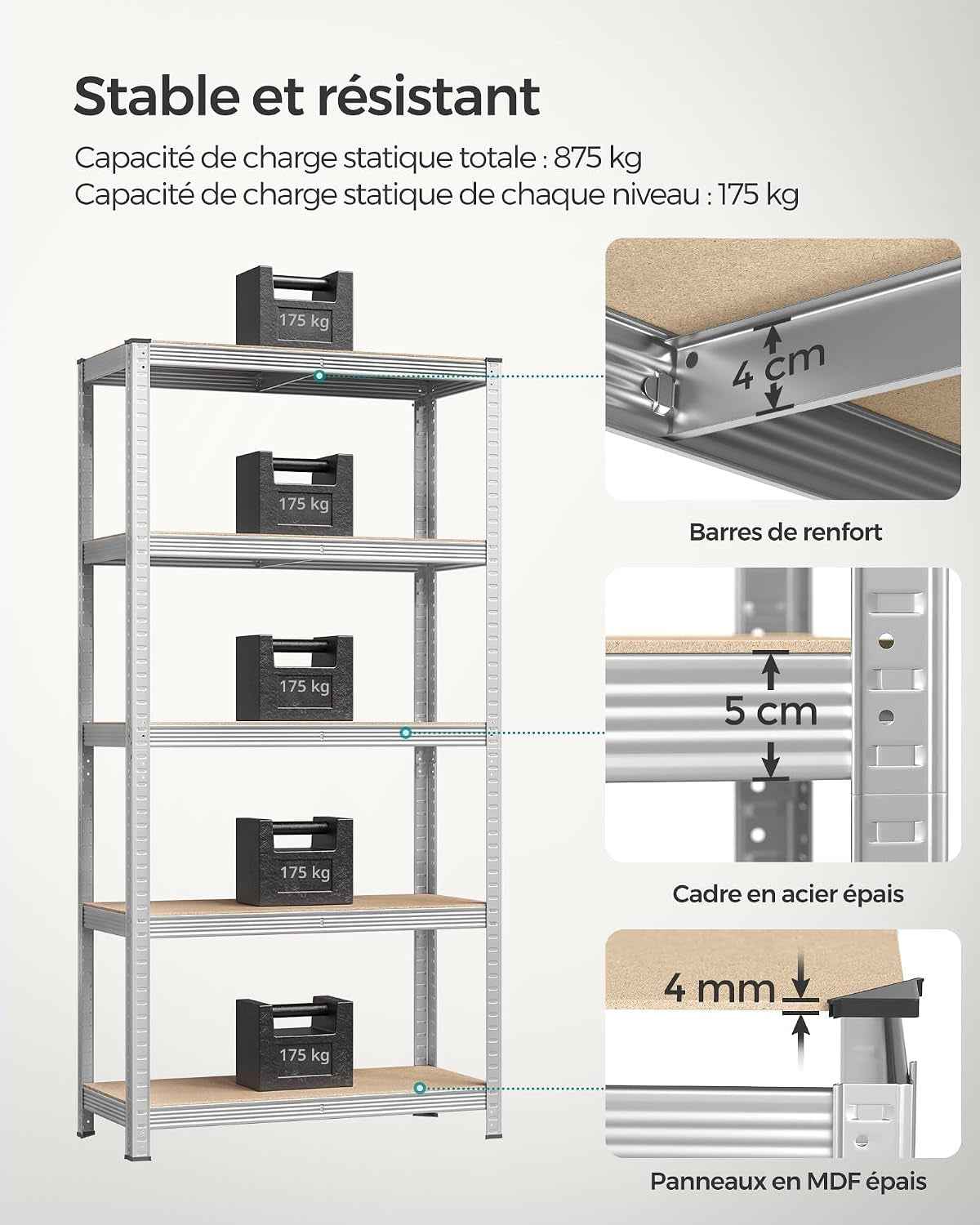 Lot De 2, Étagère De Rangement À 5 Niveaux, 40 X 90 X 180 Cm, Capacité 875 Kg, Planches Réglables, Style Industriel, Pour Cuisine, Salon, Argent GLR040E02
