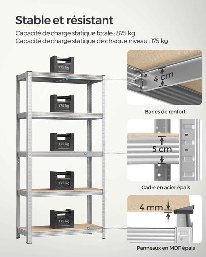 Lot De 2, Étagère De Rangement À 5 Niveaux, 40 X 90 X 180 Cm, Capacité 875 Kg, Planches Réglables, Style Industriel, Pour Cuisine, Salon, Argent GLR040E02