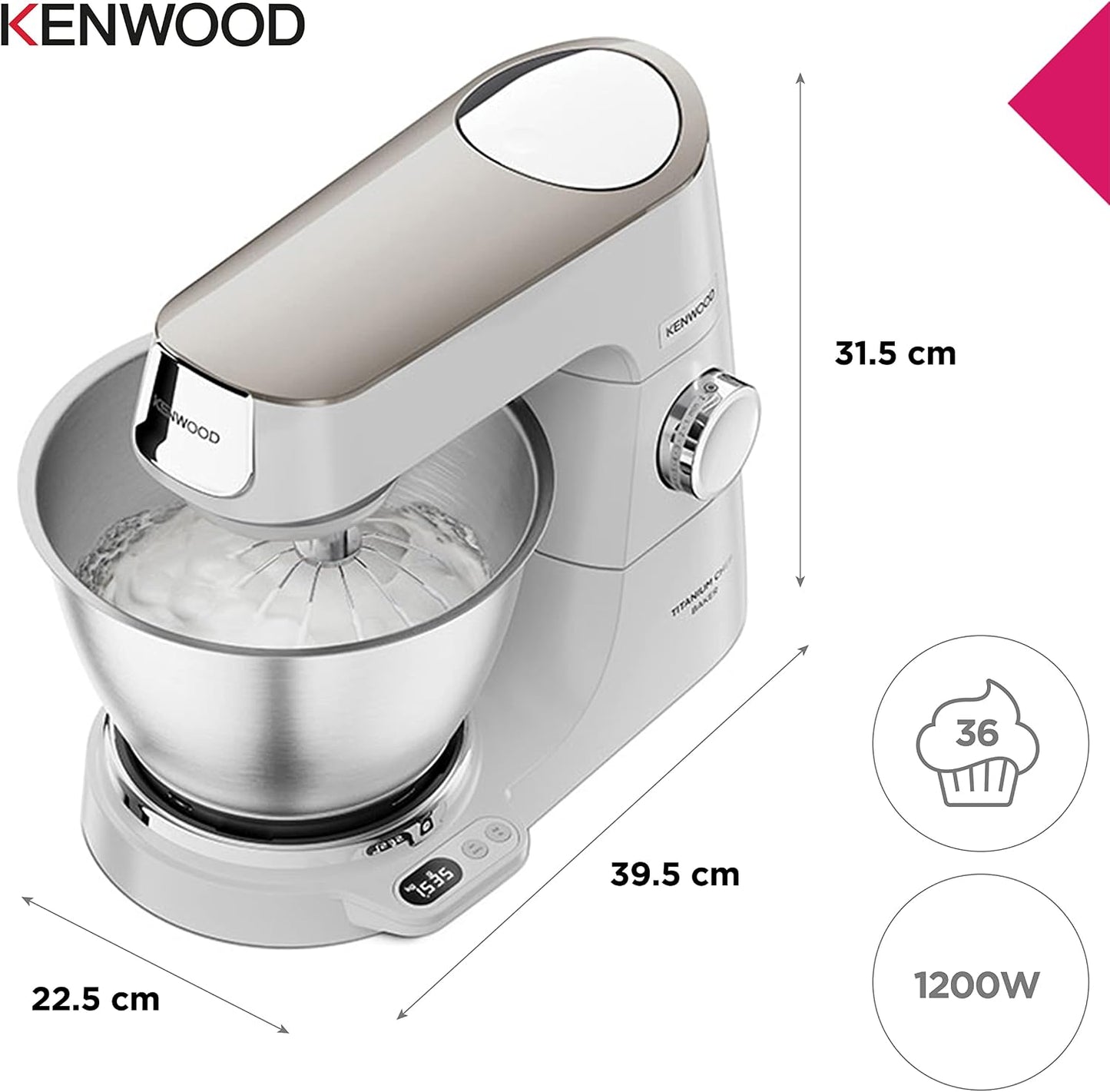 Kenwood Titanium Chef Baker KVC65.001WH, Robot Patissier Avec Balance Intégrée, Incl. Ensemble Pâtisserie 3 Pièces, Spatule & Protection Éclaboussures, 1200W, Blanc