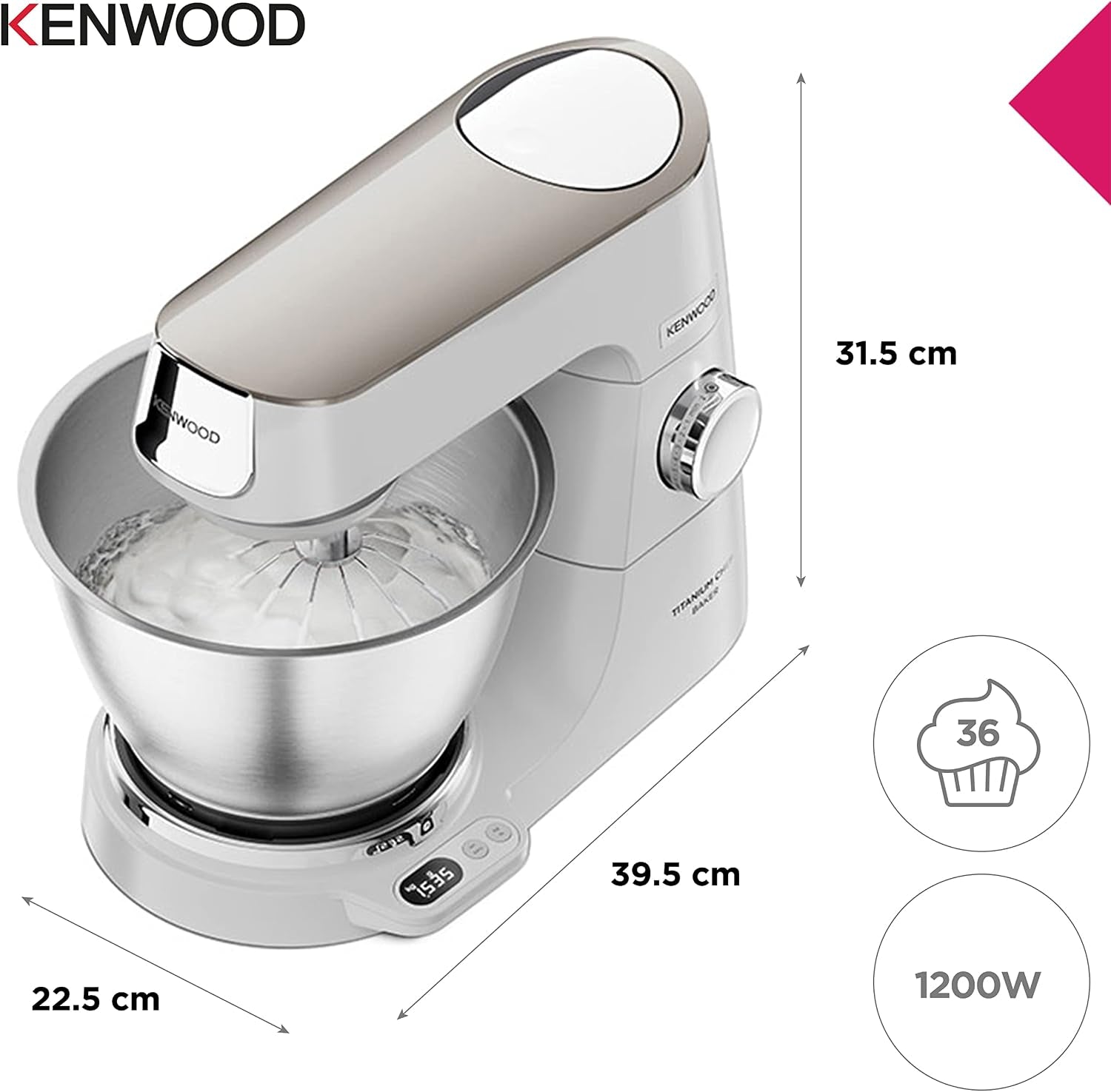 Kenwood Titanium Chef Baker KVC65.001WH, Robot Patissier Avec Balance Intégrée, Incl. Ensemble Pâtisserie 3 Pièces, Spatule & Protection Éclaboussures, 1200W, Blanc
