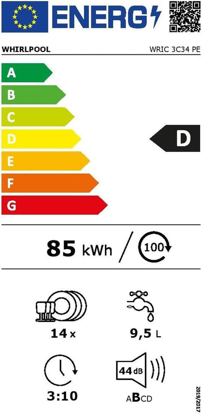 Whirlpool Lave-Vaisselle 60Cm 14 Couverts 44Db Tout Intégrable Wric3C34Pe, Acier Inoxydable, Blanc