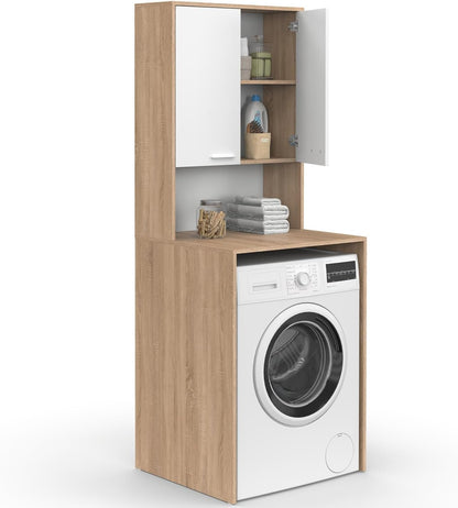 - Meuble Dessus De Machine À Laver Wallis Bois Façon Hêtre, Blanc | Avec Placard