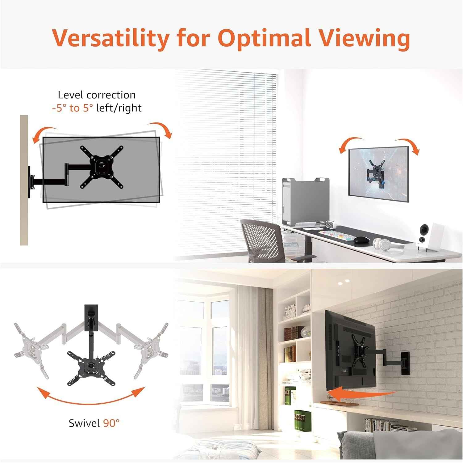 Support Mural Pour Téléviseur, Mouvement Complet, Pivotant Et Inclinable, Pour Téléviseurs Ou Écrans Plats Et Incurvés 12 À 40 Pouces Jusqu’À 36Kg, Support TV, VESA Max. 200X200Mm, Noir