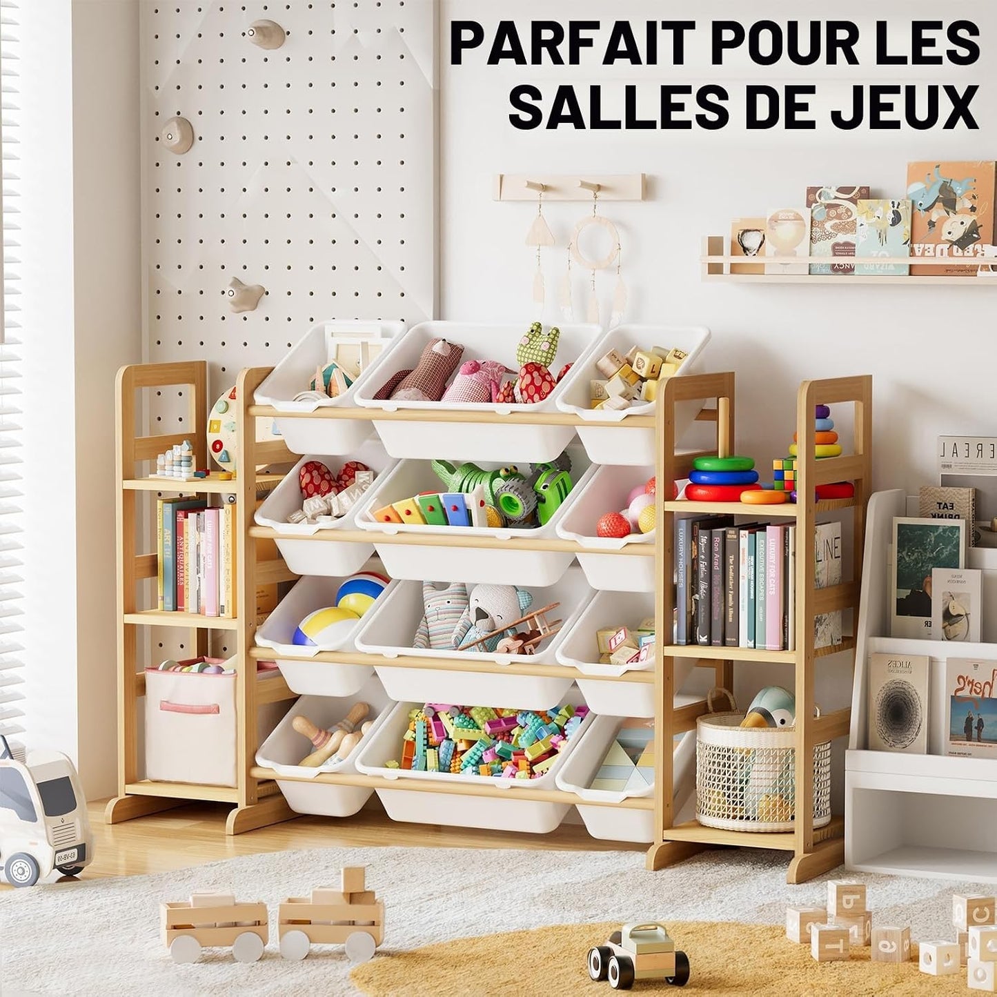 Meuble Rangement Enfant Avec 6 Étagères Et 12 Bacs, Bibliotheque Enfant, Meuble De Rangement Enfant Avec Bacs Pour Chambre Et Salle De Jeux - Blanc​