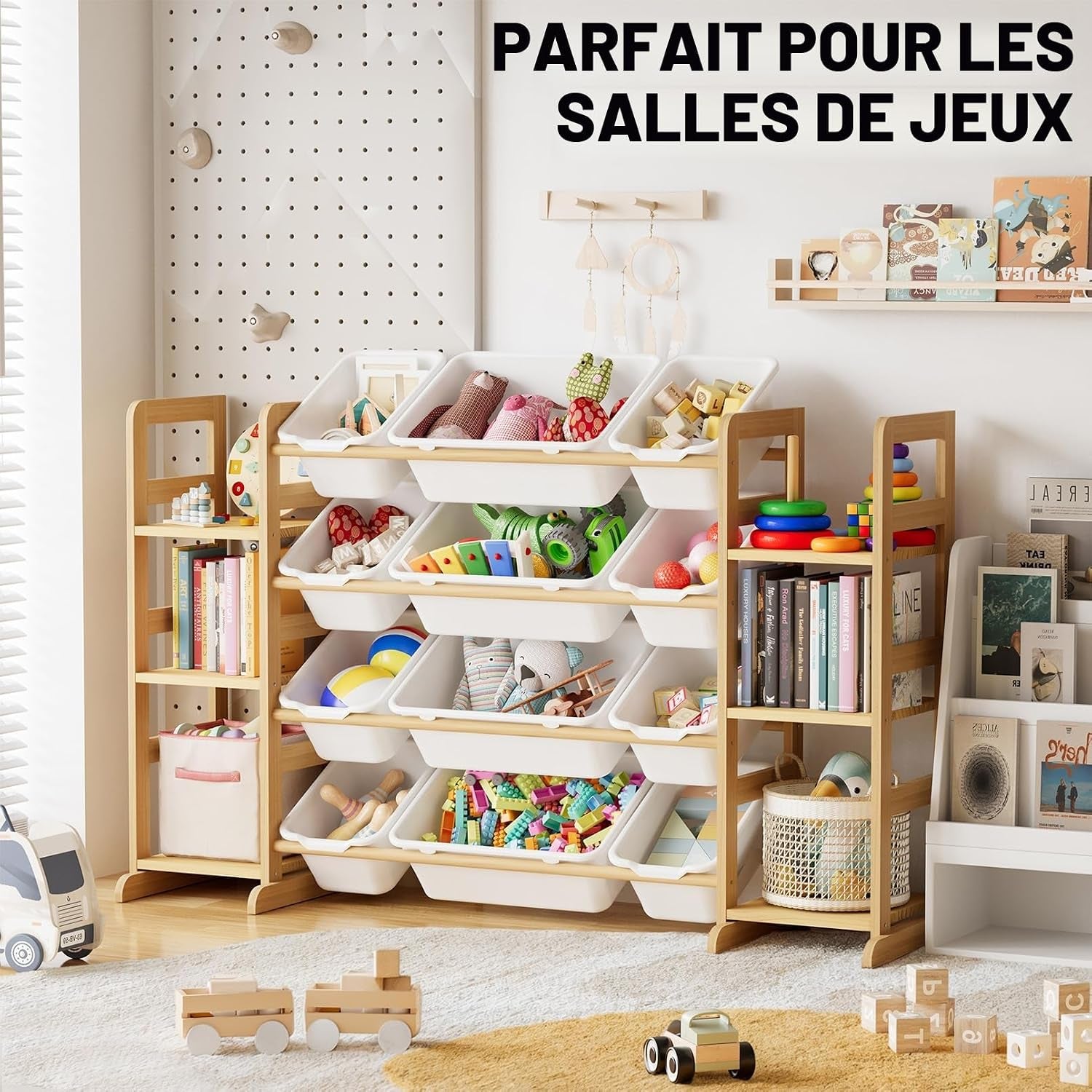 Meuble Rangement Enfant Avec 6 Étagères Et 12 Bacs, Bibliotheque Enfant, Meuble De Rangement Enfant Avec Bacs Pour Chambre Et Salle De Jeux - Blanc​