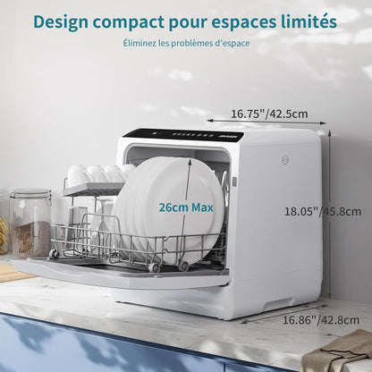 Mini Lave-Vaisselle De Comptoir, 5+1 Programmes, Réservoir D'Eau De 5L, Contrôle Tactile Et Écran LED, Adapté Pour Les Cuisines Familiales, Appartements Et Dortoirs, Blanc Et Noir