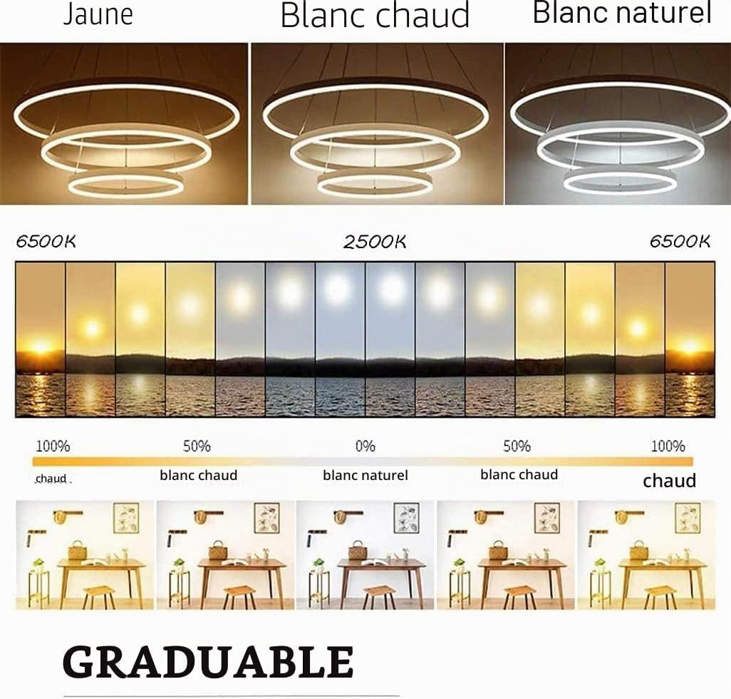 LED Lustre Salon Plafonnier Créatif Rond 3 Cercle Lustre, Dimmable Avec Télécommande 3000K-6500K, Acrylique Chambre Cuisine Bureau Décoration Lampes 76W (Noir)
