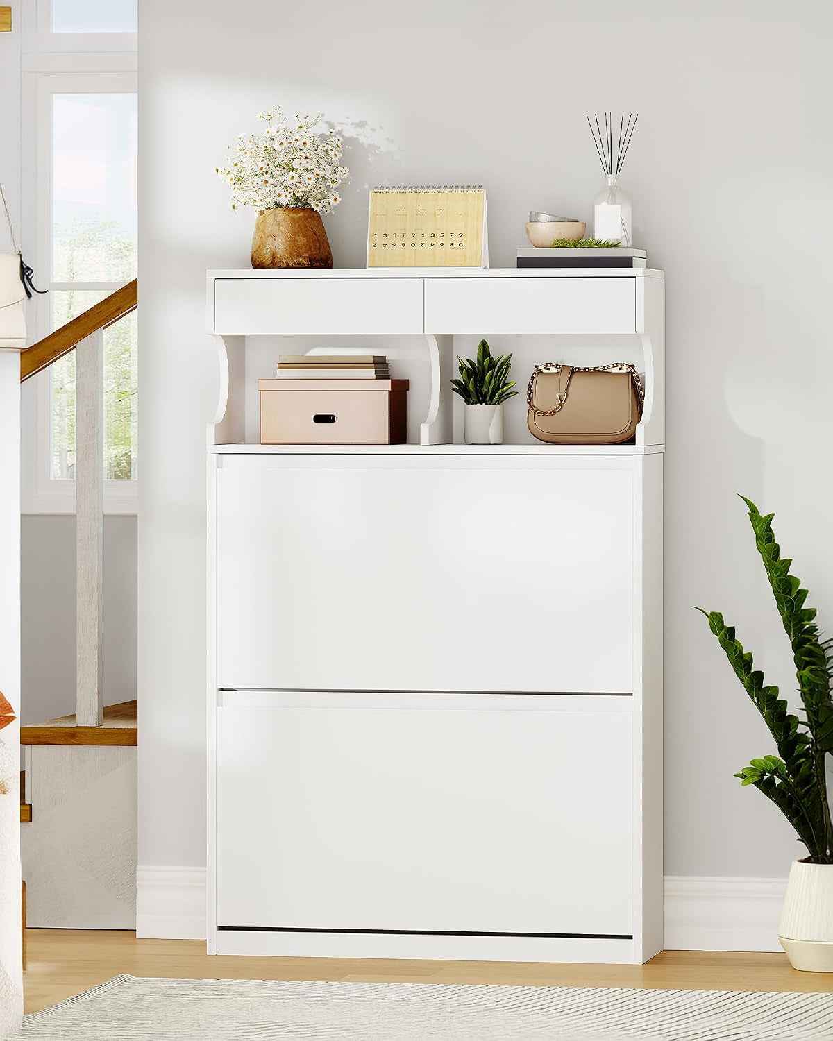Meuble À Chaussures, 16 Paires, 2 Abattants (80L Cm), Blanc | Armoire À Chaussures, Séparateur Réglable, Grande Capacité, Pour Entrée, Couloir, Chambre, SR45303X