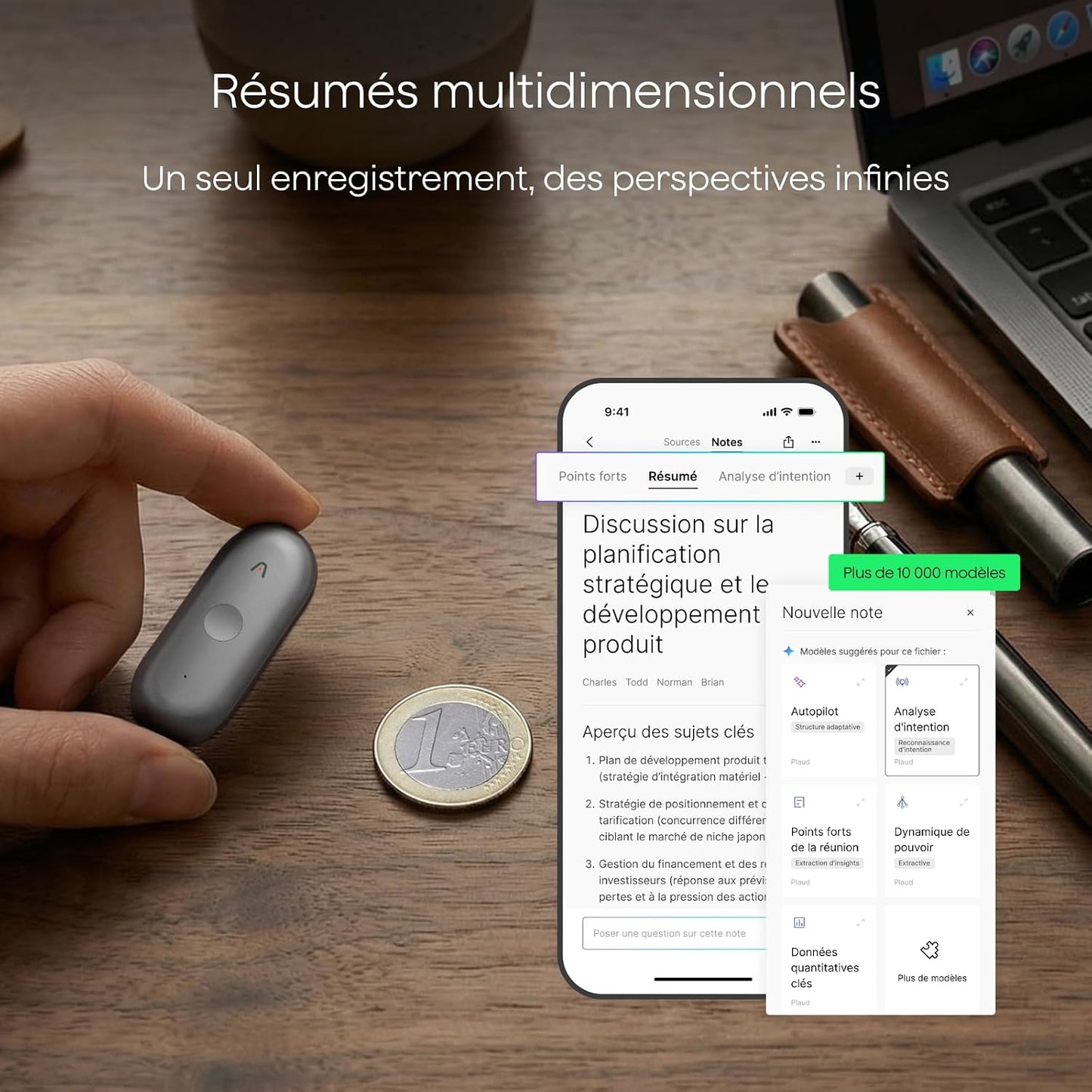 Notepin S Enregistreur Vocal IA Avec Bouton Tactile Prise De Notes IA Transcription Résumé IA Et Team Plan Dictaphone Enregistreur Numérique Pour Réunions Interviews Avec 4 Accessoires Gris