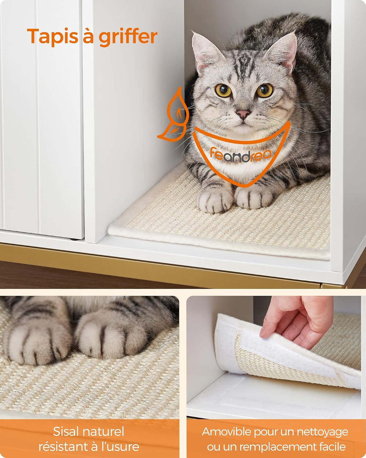 Meuble Litière Pour Chat, Maison De Toilette Pour Chat, Avec Tapis De Grattage, Pieds Hauts, Table D'Appoint, 80 X 50 X 55 Cm, Blanc Et Doré PCL007W01