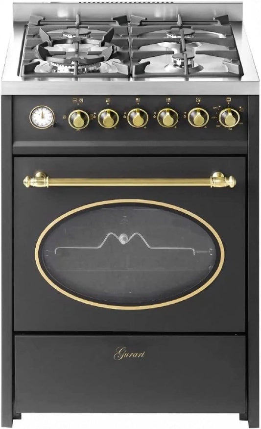 GURARI 614 BL Cuisinière Sur Pied 60 Cm Gaz Naturel Fl.Gas 4 Kw WOK, Barbecue À Gaz, Range Cooker, Tiroir Avec Poussette, Contrôle Du Gaz, Tournebroche. Gaz Naturel, Gaz Propane