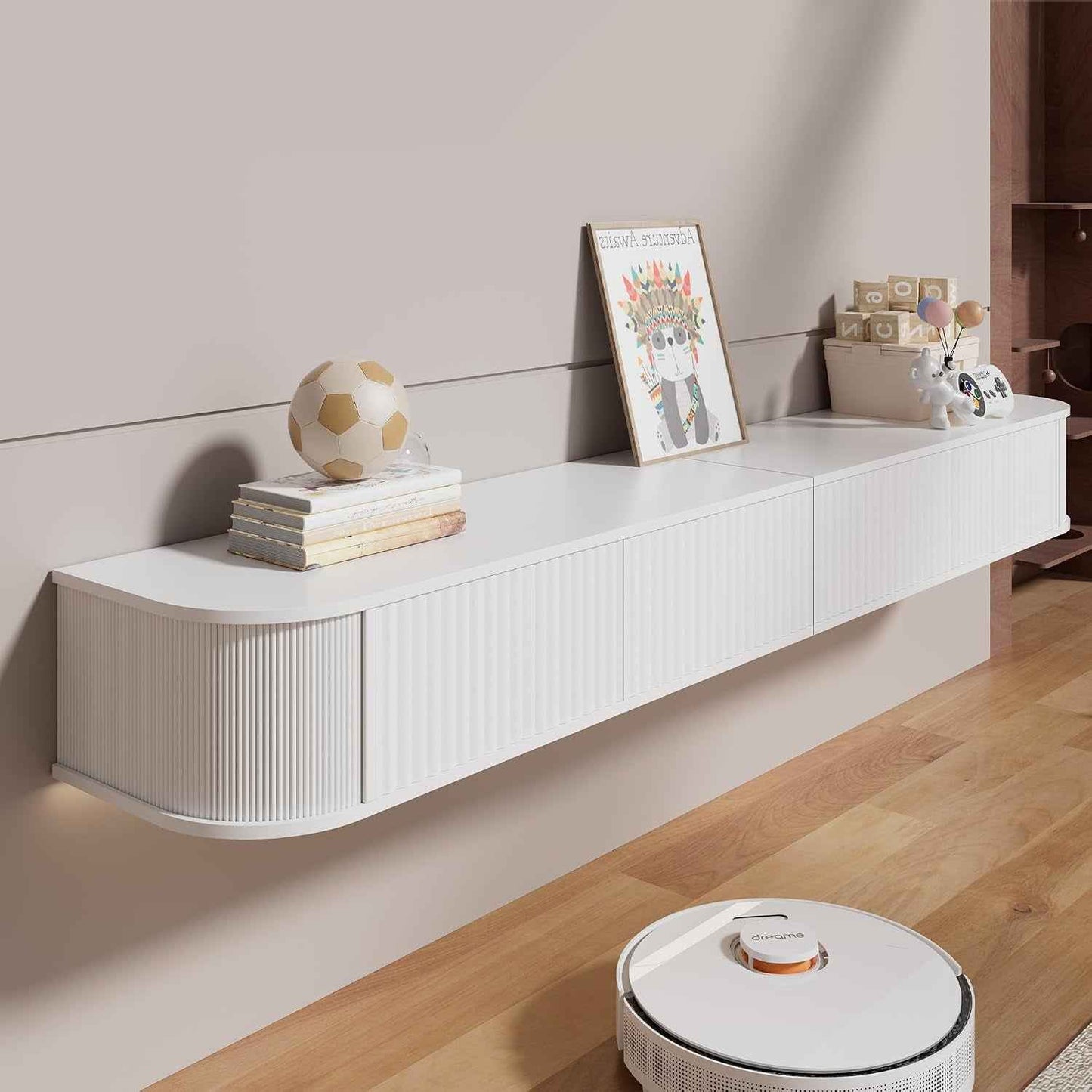 Meuble TV Suspendu Flottant Avec Lumières LED RGB – Meuble TV Mural Moderne Blanc 180 Cm Longueur, Profondeur 31 Cm Pour Rangement Amélioré, Pour Téléviseurs 65 À 75 Pouces