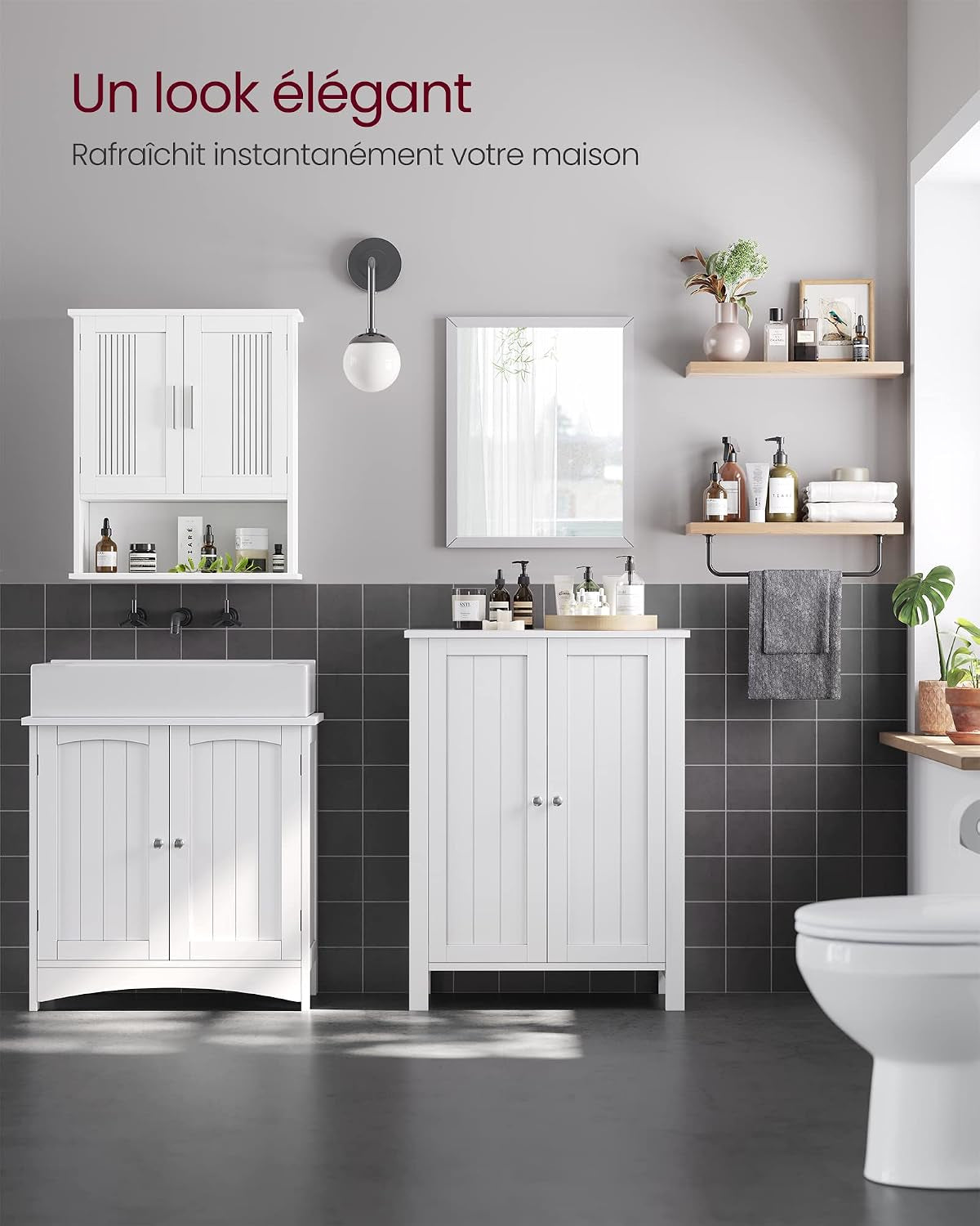 Meuble Salle De Bain Sur Pieds, Armoire De Rangement, Placard Avec 2 Étagères Réglables, 30 X 60 X 80 Cm, Blanc BCB60W