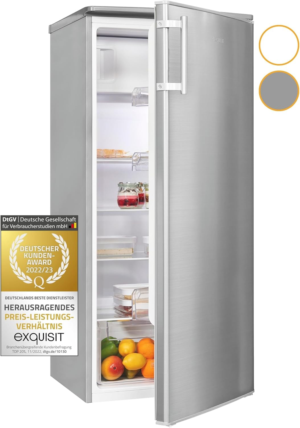Exquisit KS185-4-HE-040E Standkühlschrank, 55 Cm Breit, 190L, Temperatureinstellung, Flaschenregal, Eierablage, Gemüseschublade, Inoxfarben