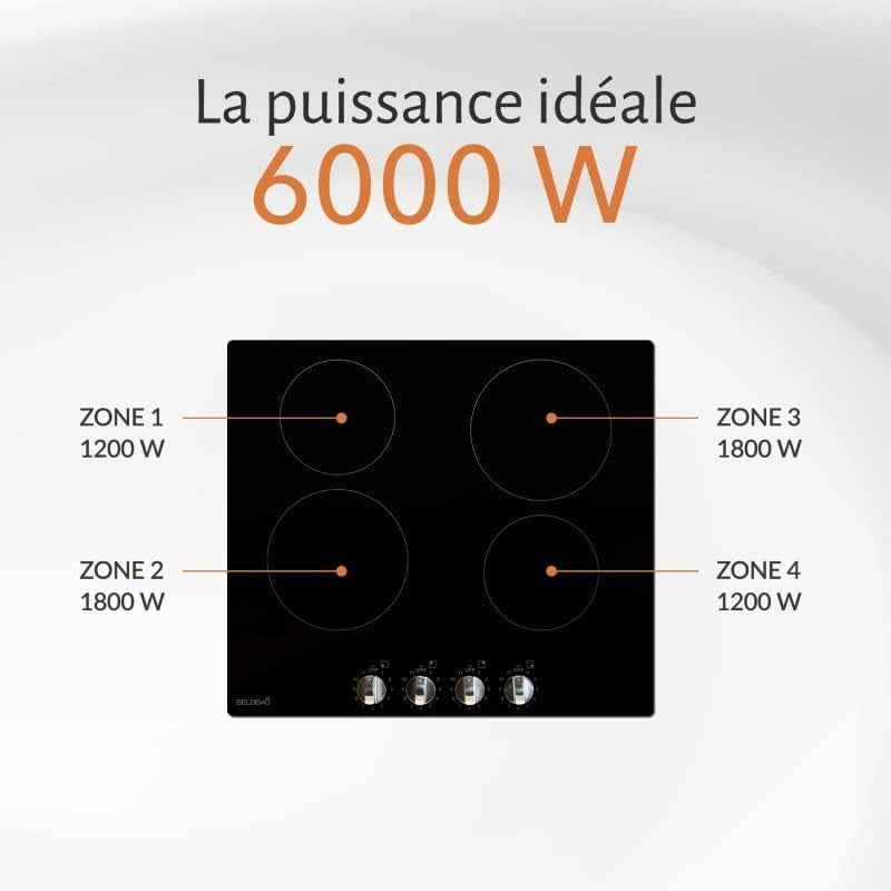 Table Vitrocéramique Manettes - Boutons - 4 Foyers - 6000W