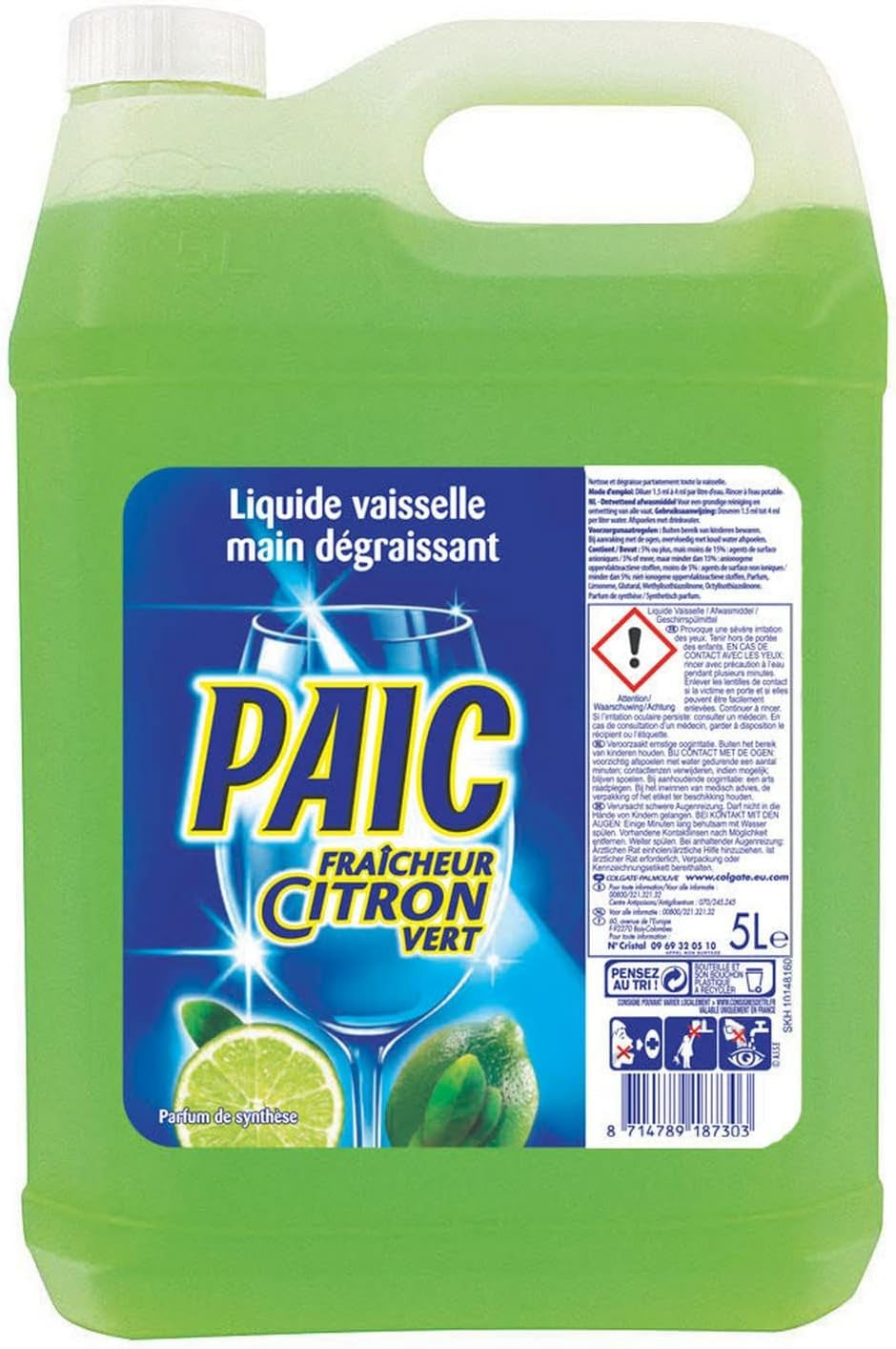 Liquide Vaisselle Fraîcheur Citron Vert, Action Nettoyante, Dégraissante Et Anti-Odeur, Format Économique, Bidon De 5L